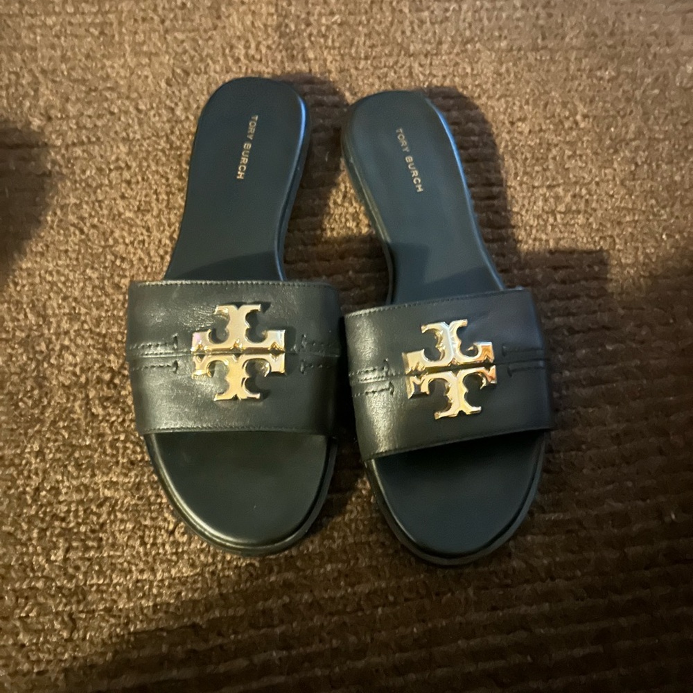 Tory Burch Black and Gold Everly Sandals